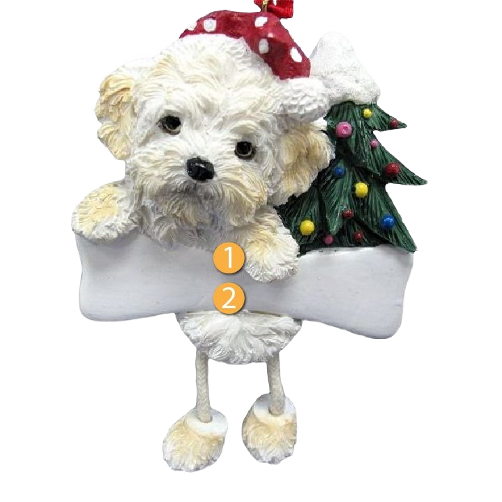 Cute white Shihpoo dog ornament with dangling legs holding a bone and Christmas tree decoration under $50 collection