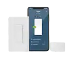 White smart dimmer switch with WiFi bridge displayed alongside smartphone app for smart home control in electrical collection