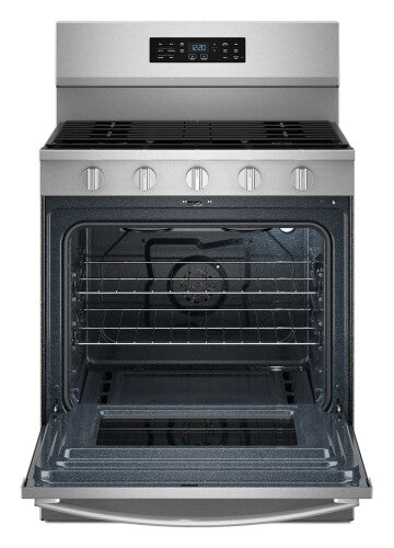 30-inch stainless steel gas range with digital control panel and open oven door in kitchen appliances collection