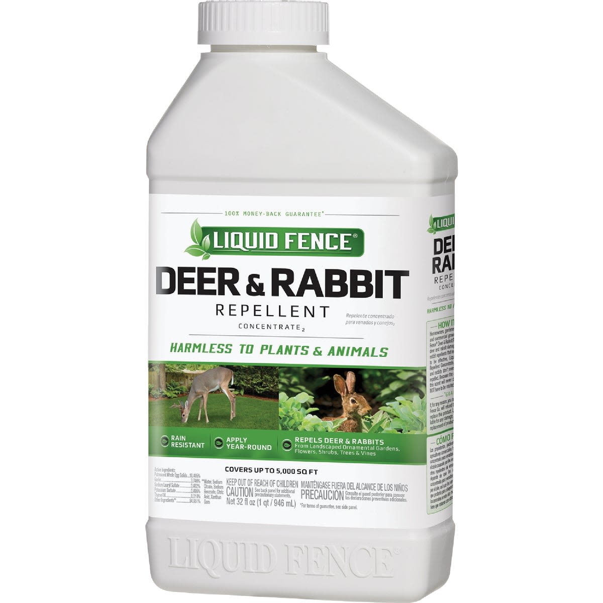 White plastic container of deer and rabbit repellent concentrate for home improvement garden protection tasks