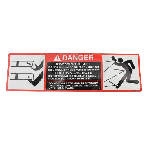 Rectangular red and white safety sign warning of rotating blades and flying debris in John Deere parts and accessories collections