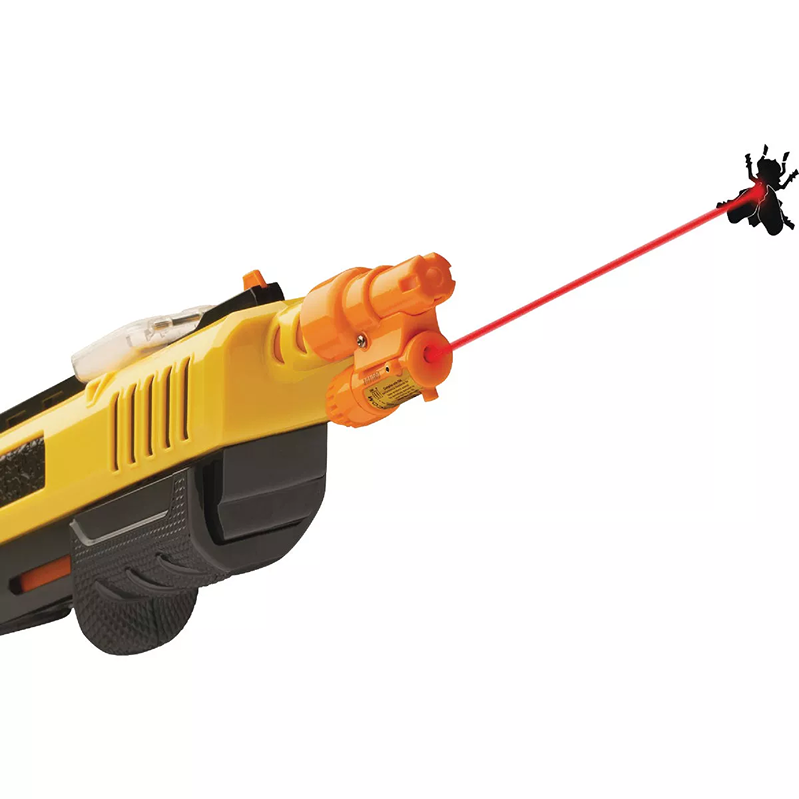 Yellow and orange insect controller tool with red targeting beam aimed at a black insect in pest control collections