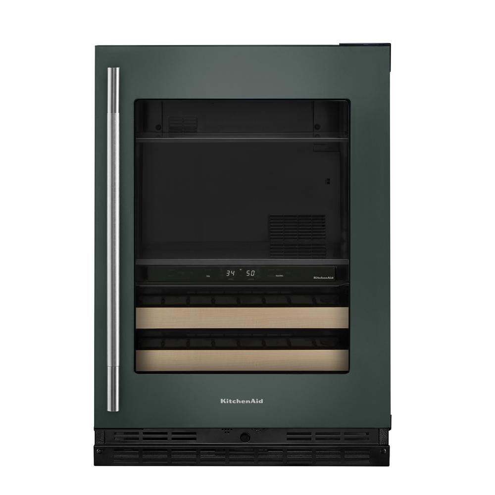 24-inch beverage center with glass door, wood-front racks, digital control, and KitchenAid logo in appliances collection