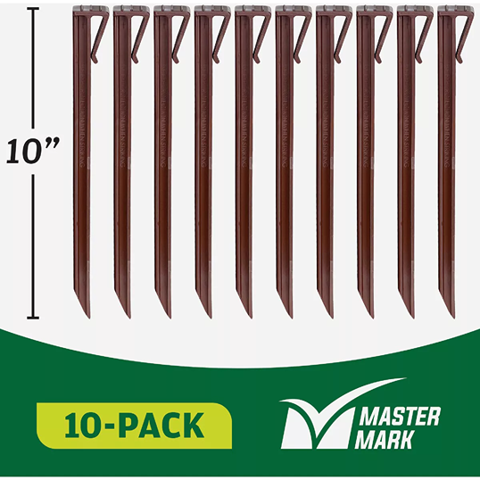 Set of ten brown 10-inch terrace board edging stakes with secure clip tops for home improvement projects