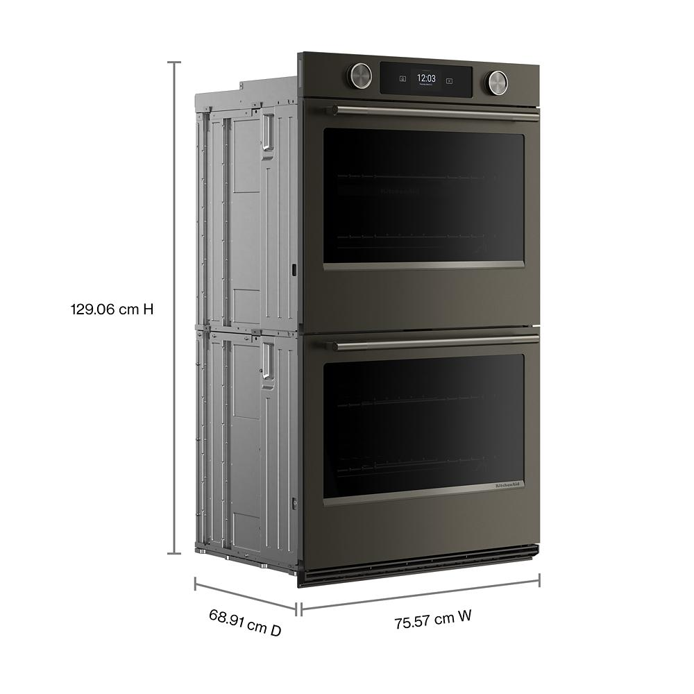30-inch double wall oven in black ore with digital touchscreen, backlit knobs, and convection cooking modes