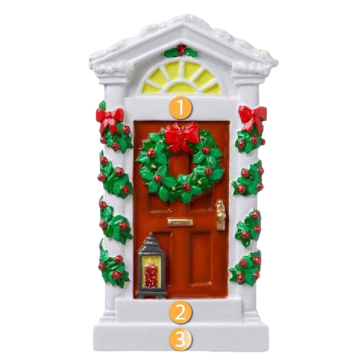 Festive historic house ornament with decorated wreath, red bows, and lantern for Christmas tree decoration collections