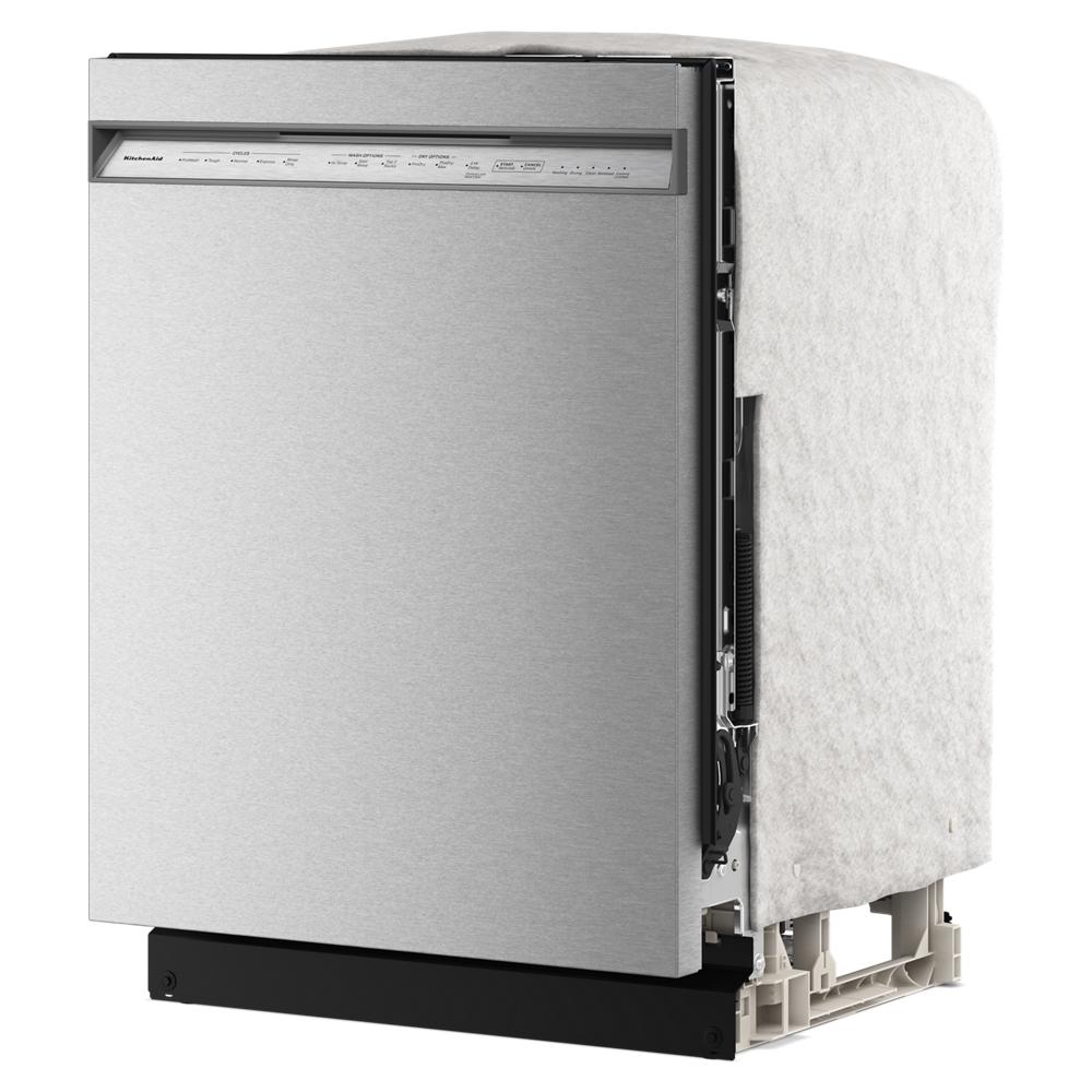 Partially assembled stainless steel dishwasher with front control panel from KitchenAid Appliances collection