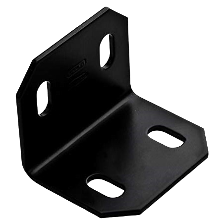 Heavy-duty black chamfered steel corner brace with slotted holes for reinforcement in building hardware and lumber use