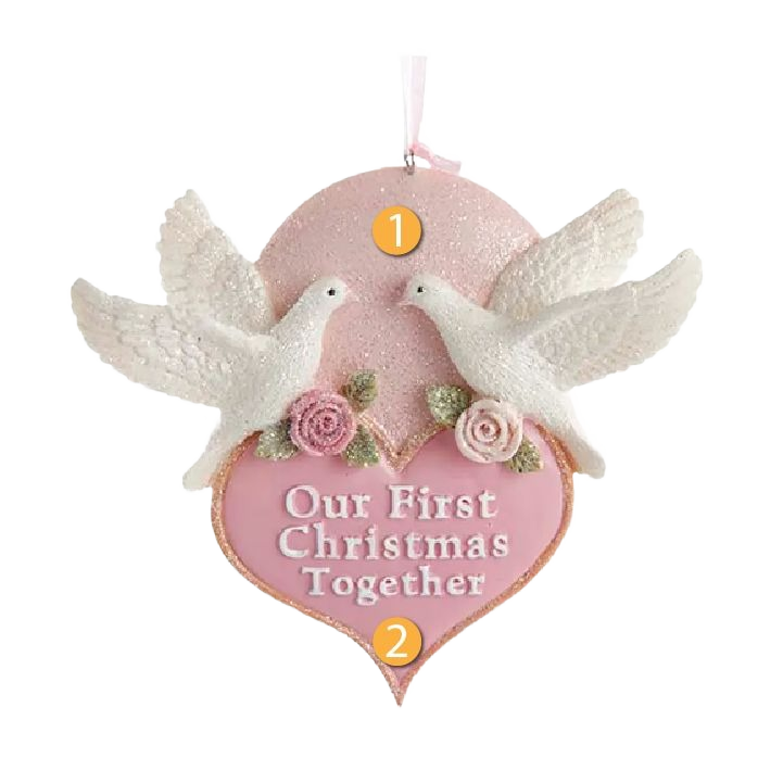 Personalized pink heart ornament with white doves and floral accents for Christmas decorations under $50 collection