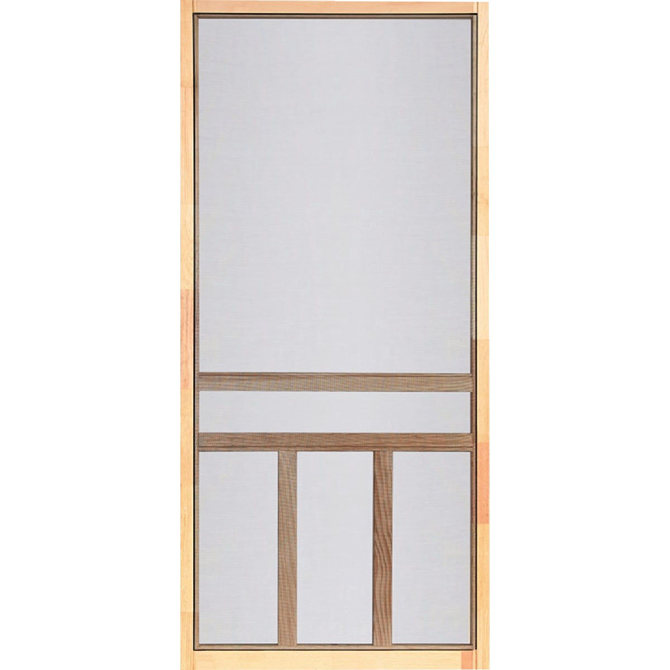 Natural wood framed screen door with T-bar pattern and fine mesh for home improvement projects