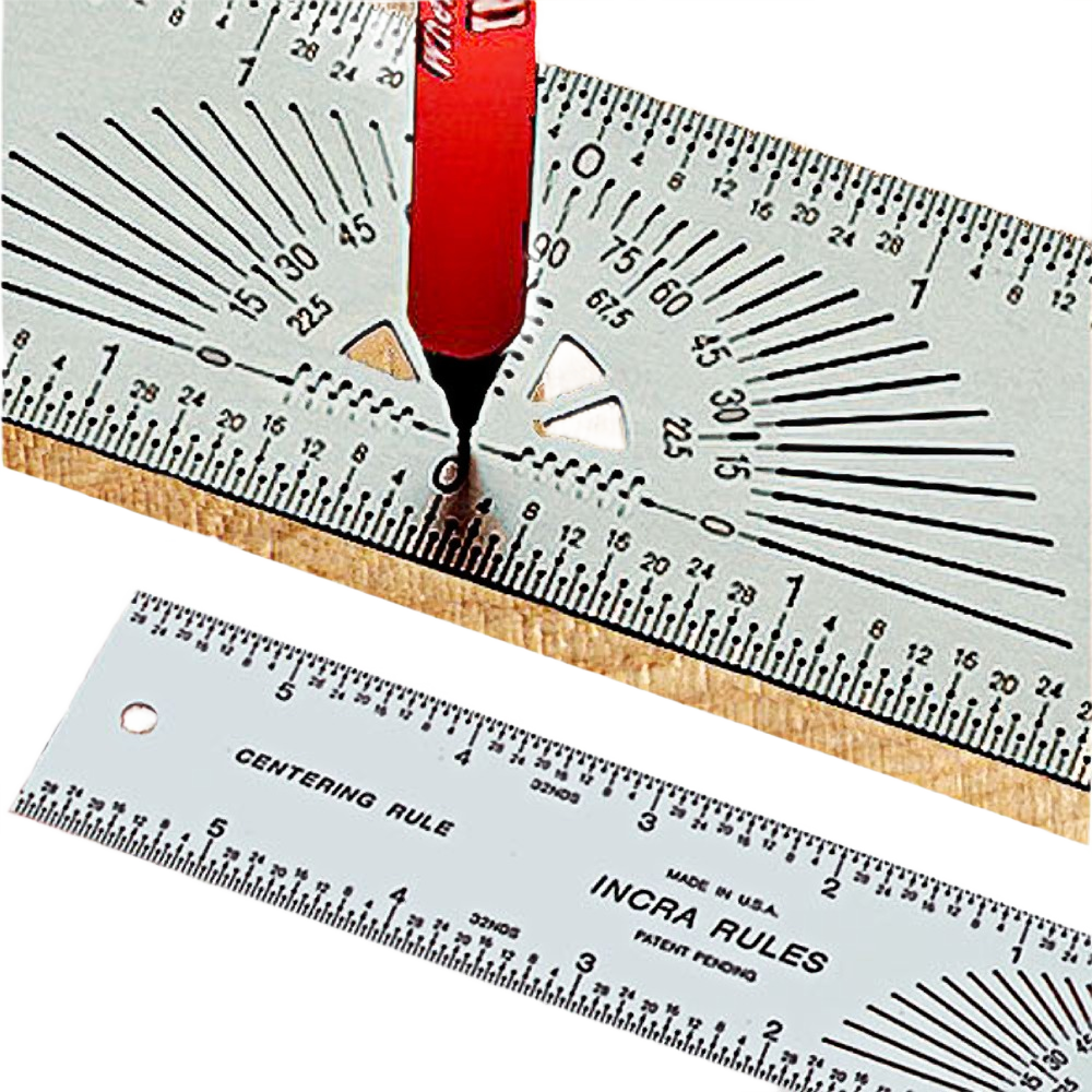 Close-up of a precision centering ruler marking the exact middle on a wooden surface in woodworking tools collection
