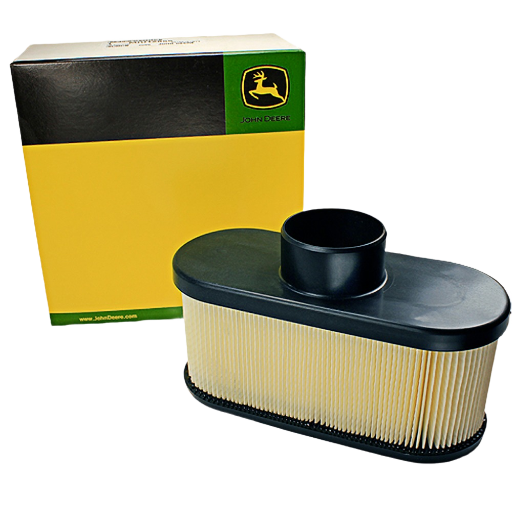 Oval-shaped secondary air filter with pleated paper element and black plastic top beside yellow and black John Deere box
