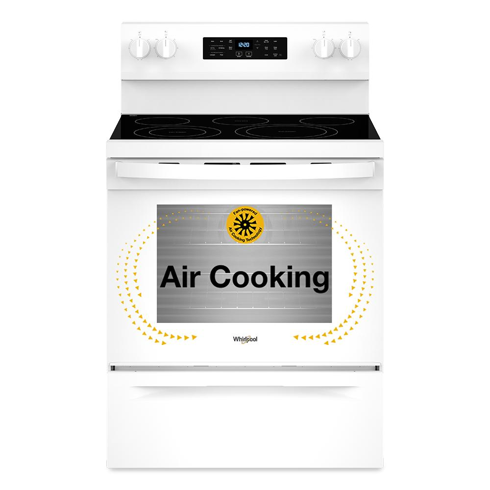 White 30-inch electric range with digital control panel and Air Cooking Technology for even baking and air frying