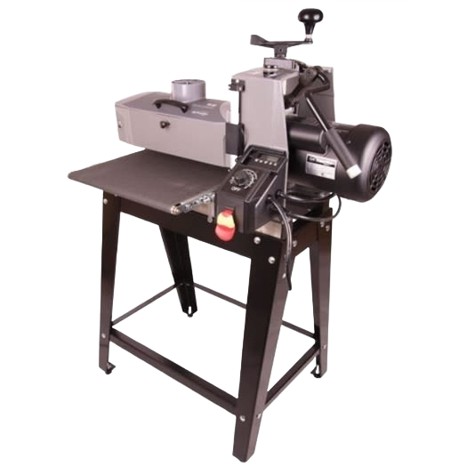 Industrial drum sander with digital controls on open stand, designed for sanding in power tools and home improvement projects.