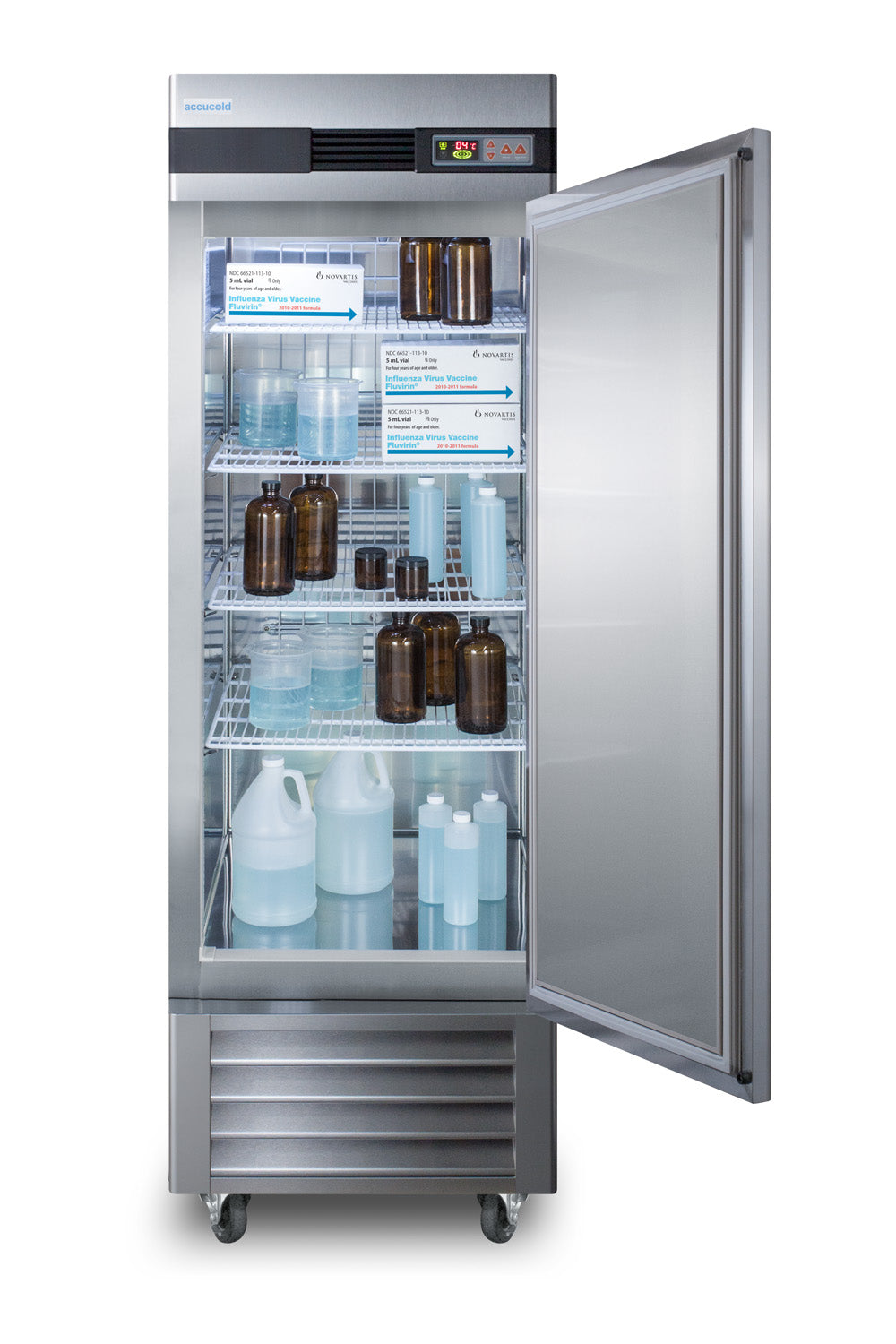 Stainless steel upright pharmacy refrigerator with digital control and open door showing medical storage shelves