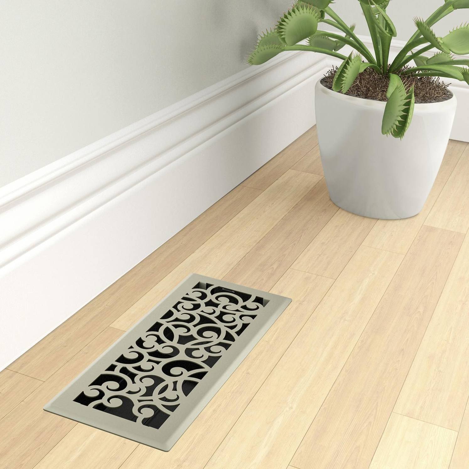 Satin nickel floor register with decorative curved cutout design for ventilation and home improvement tasks