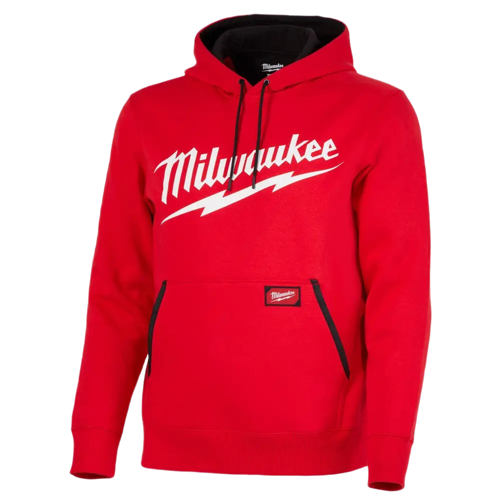 Red pullover hoodie with front kangaroo pocket and contrasting black drawstrings featuring a bold white logo print