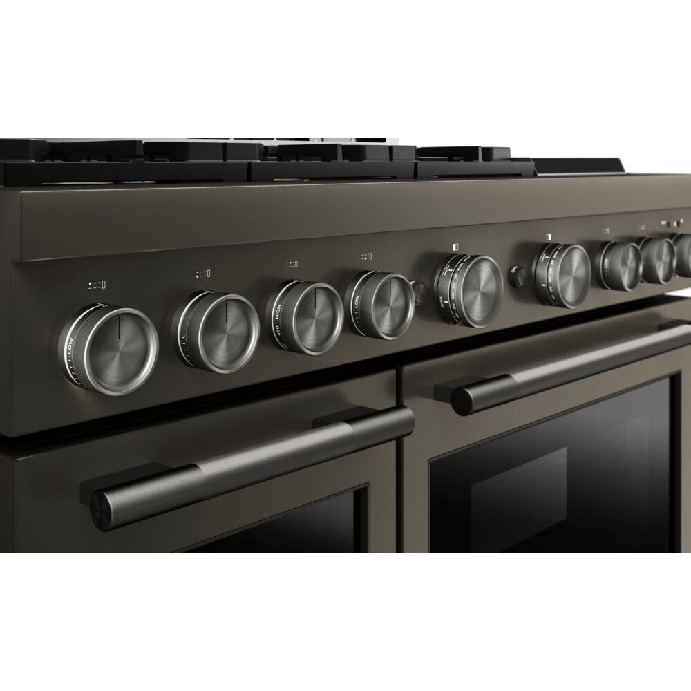 Close-up of black commercial-style gas range with six stainless steel control knobs and dual oven handles from kitchenware collection