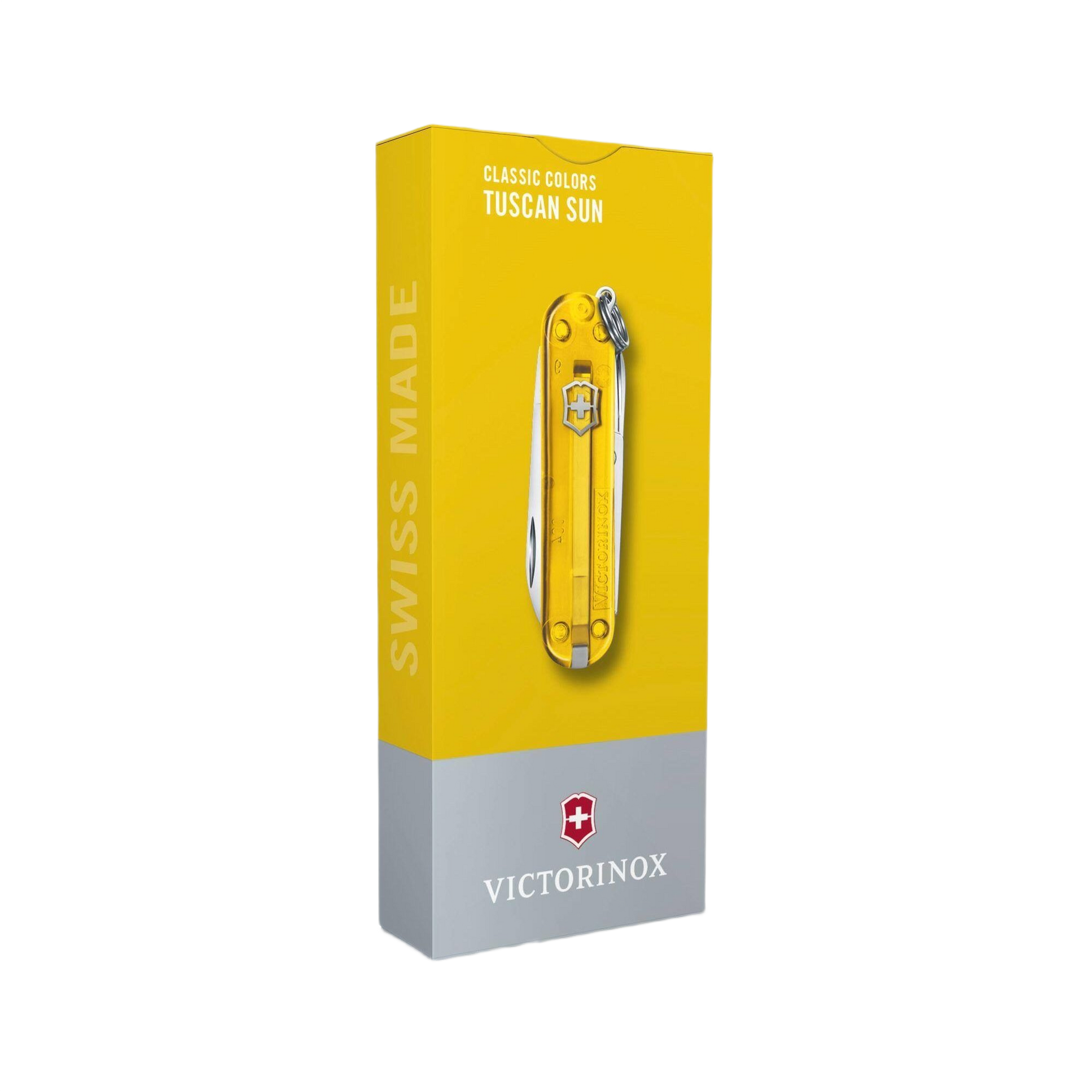 Compact Tuscan Sun yellow transparent pocket knife with multiple tools for cutting and home improvement tasks