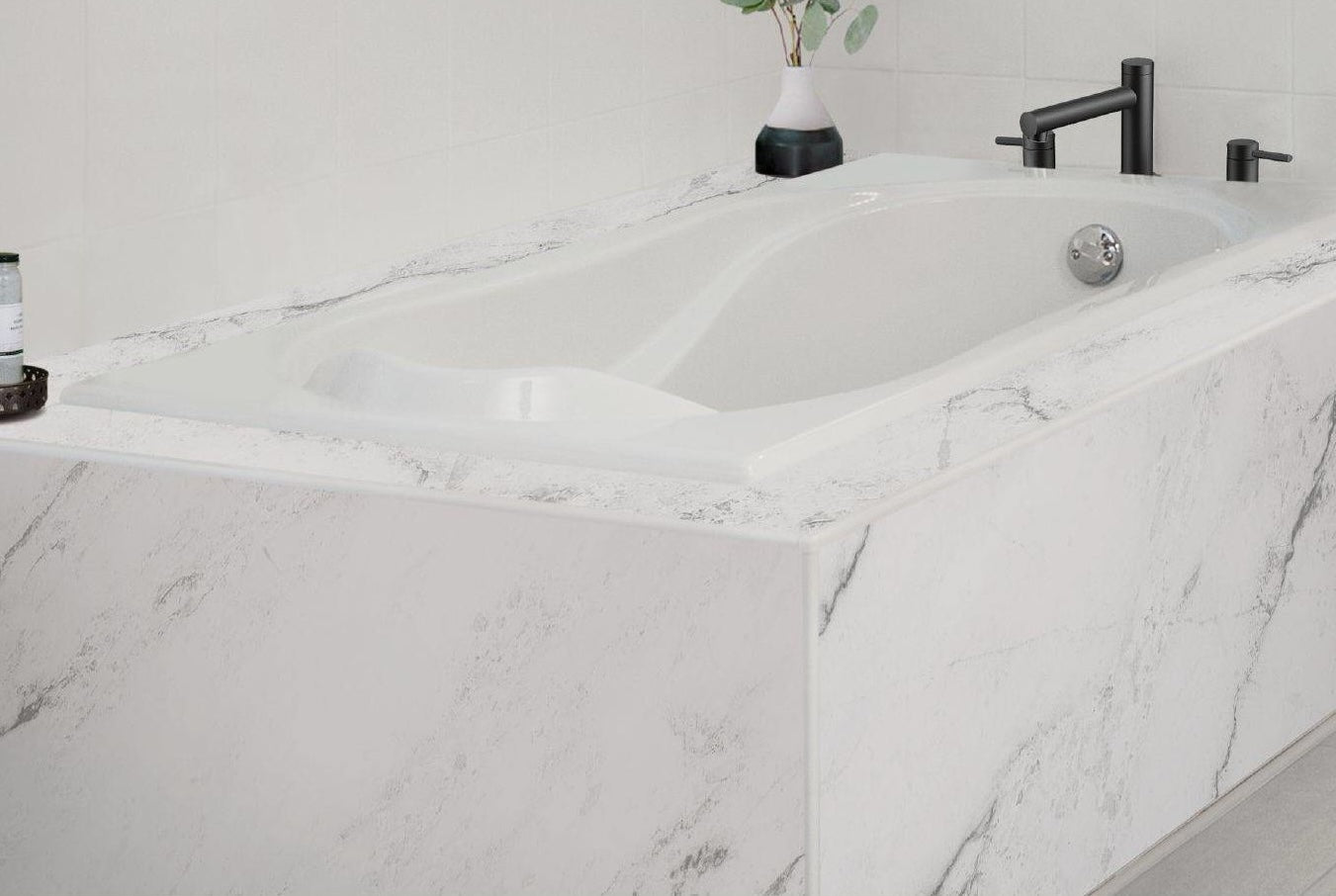 Marble-patterned bathtub surround with clean lines and modern matte black fixtures for home improvement design