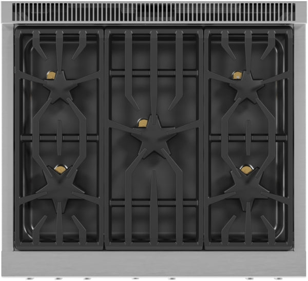Top view of stainless steel professional gas range with five star-shaped burners and black cast iron grates