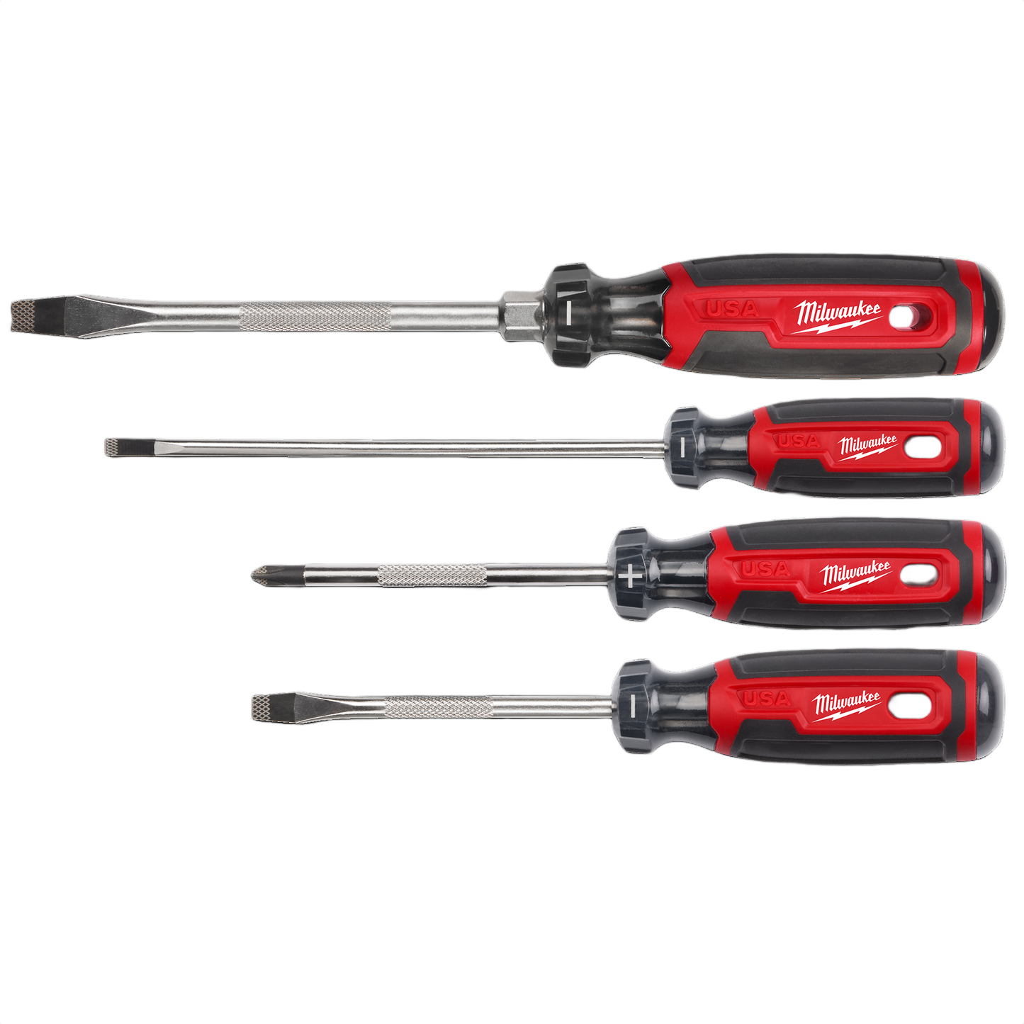Four red and black cushion grip screwdrivers with various flathead and Phillips tips for tools and home improvement tasks