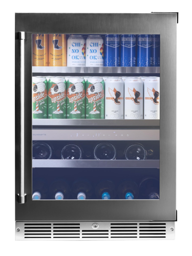 Built-in stainless steel wine and beverage fridge stocked with cans and bottles in kitchen appliances collection