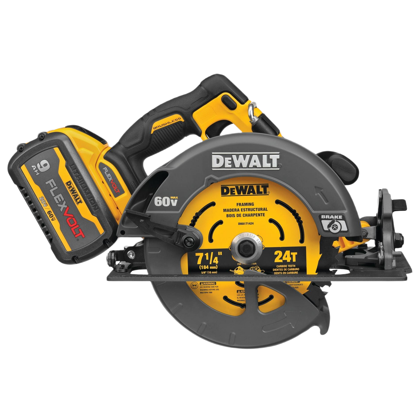 Cordless Dewalt 60V MAX circular saw with electric brake, 7-1/4 inch blade for woodworking power tools and home improvement