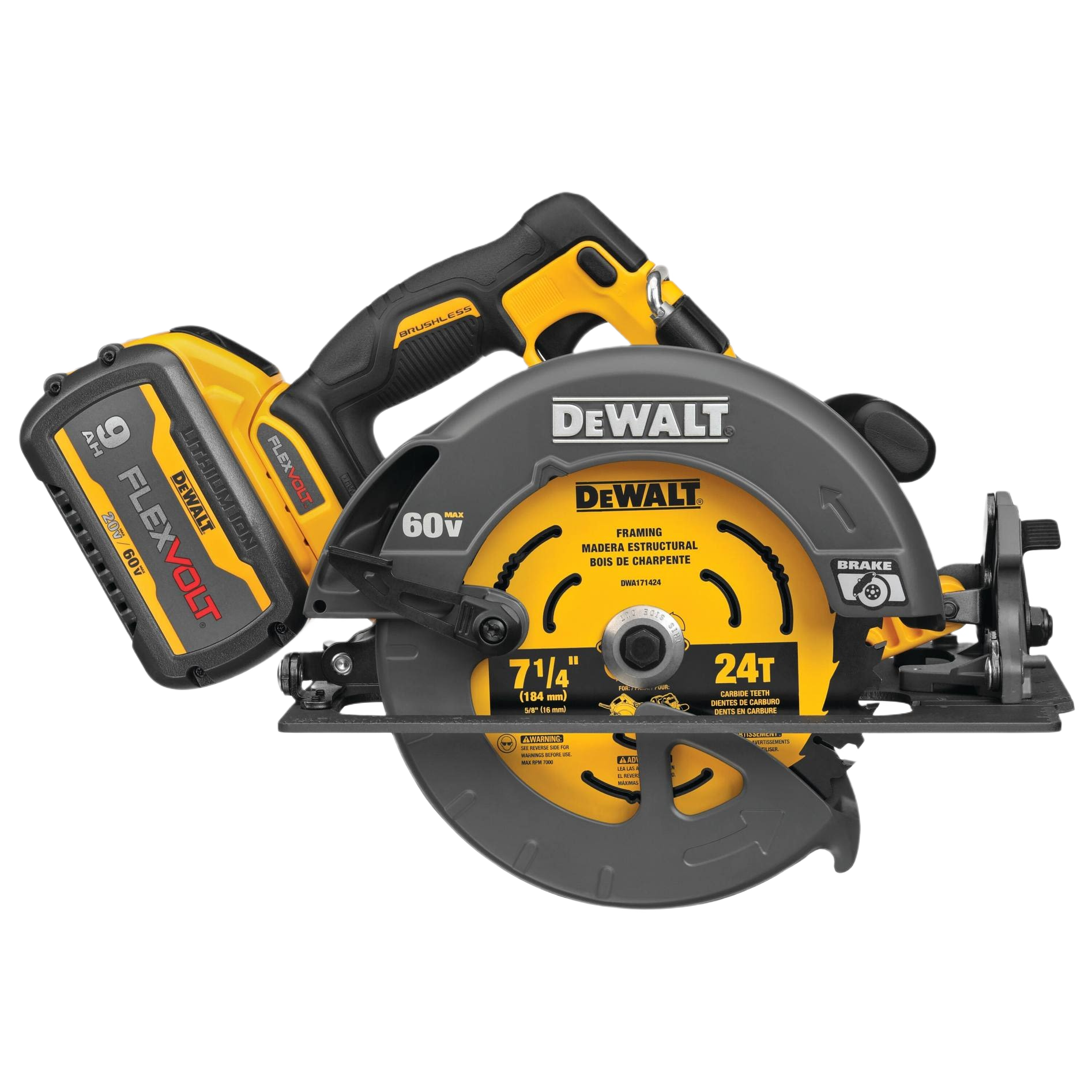 Cordless Dewalt 60V MAX circular saw with electric brake, 7-1/4 inch blade for woodworking power tools and home improvement