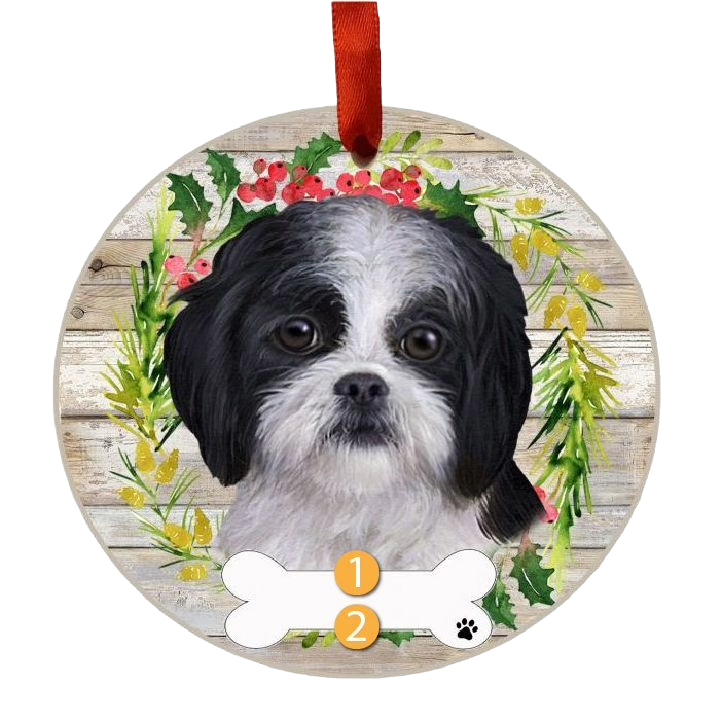 Round Christmas ornament featuring a black and white Shih Tzu dog's face with holly and red berries wreath design