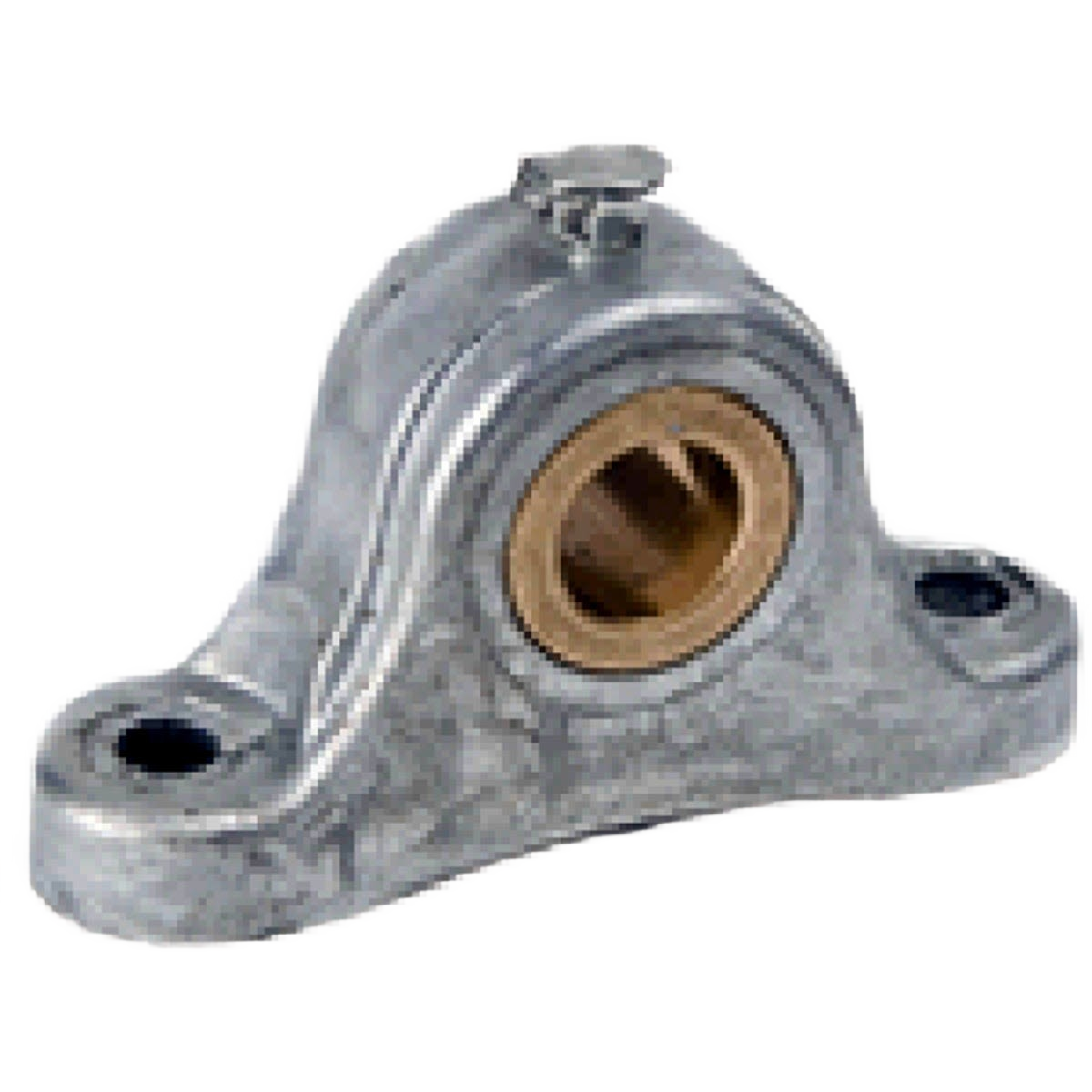 Metal pillow block with flanged sintered bronze bearing and built-in oil reservoir for parts and lubricants collection