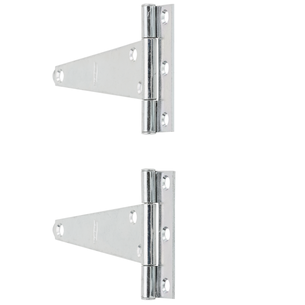 Set of two zinc plated 5-inch light duty T-hinges with screws for home improvement and hardware projects under $50