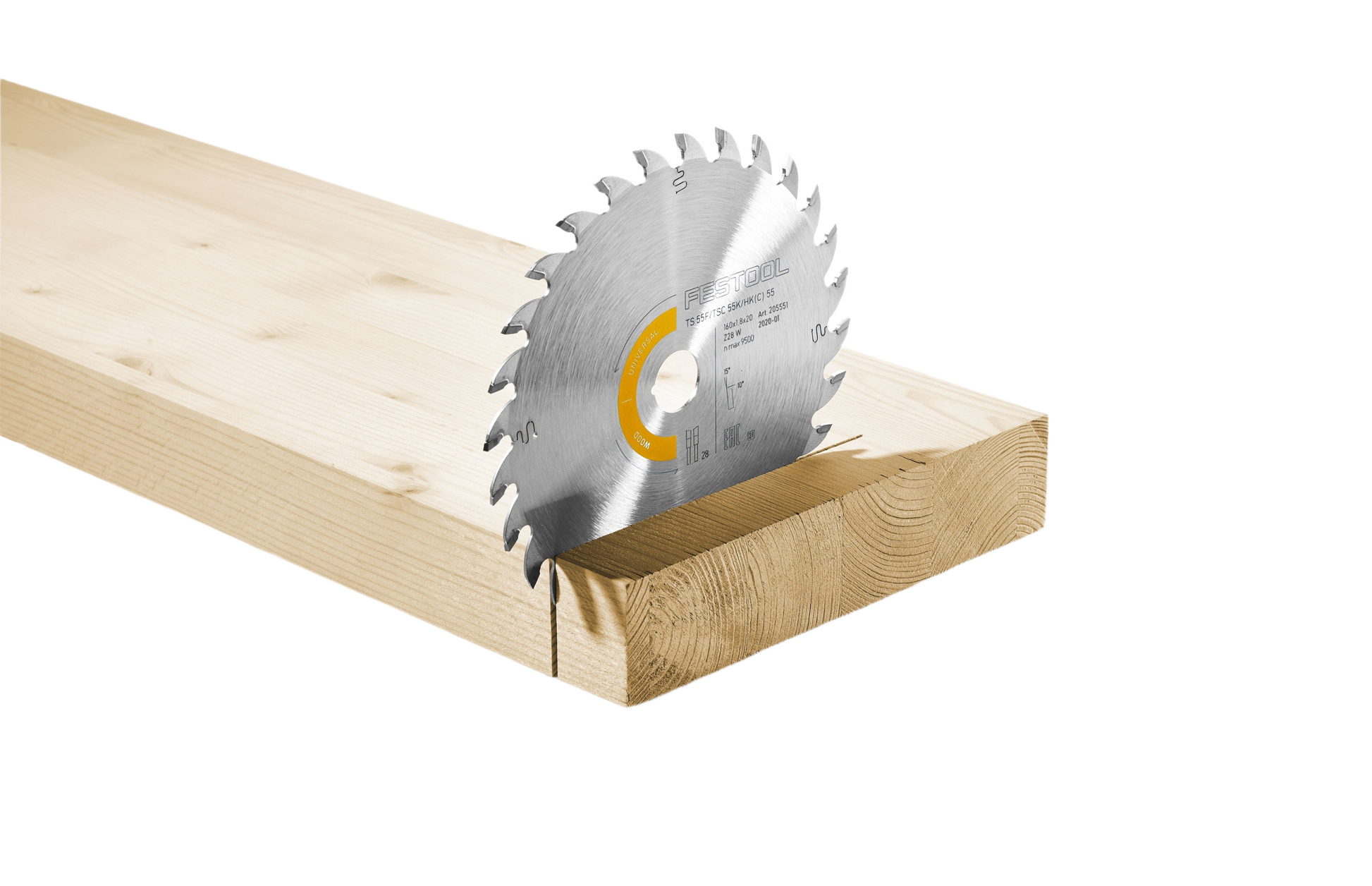 Steel circular saw blade with 28 teeth cutting into a wooden plank for woodworking and home improvement tasks