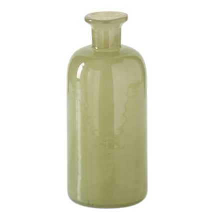 Medium green glass bottle with smooth finish, ideal for decorative use in kitchenware and tableware collections under $50.