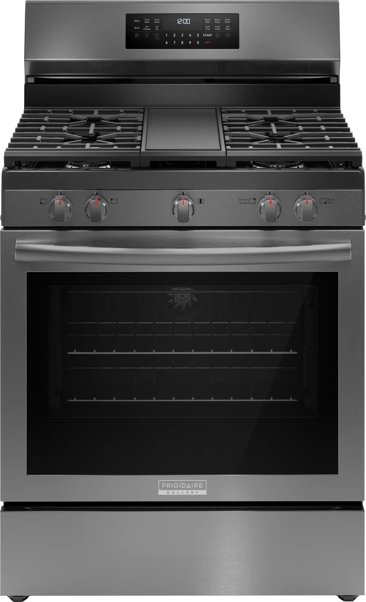 Front view of stainless steel gas range with digital rear control panel and five burners in ranges and kitchenware collection