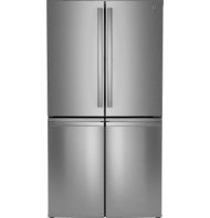 stainless steel quad-door refrigerator with dual-dispense AutoFill pitcher in kitchen appliances collection