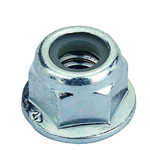 Hexagonal lock nut with flange and nylon insert designed for secure fastening in tools and home improvement projects
