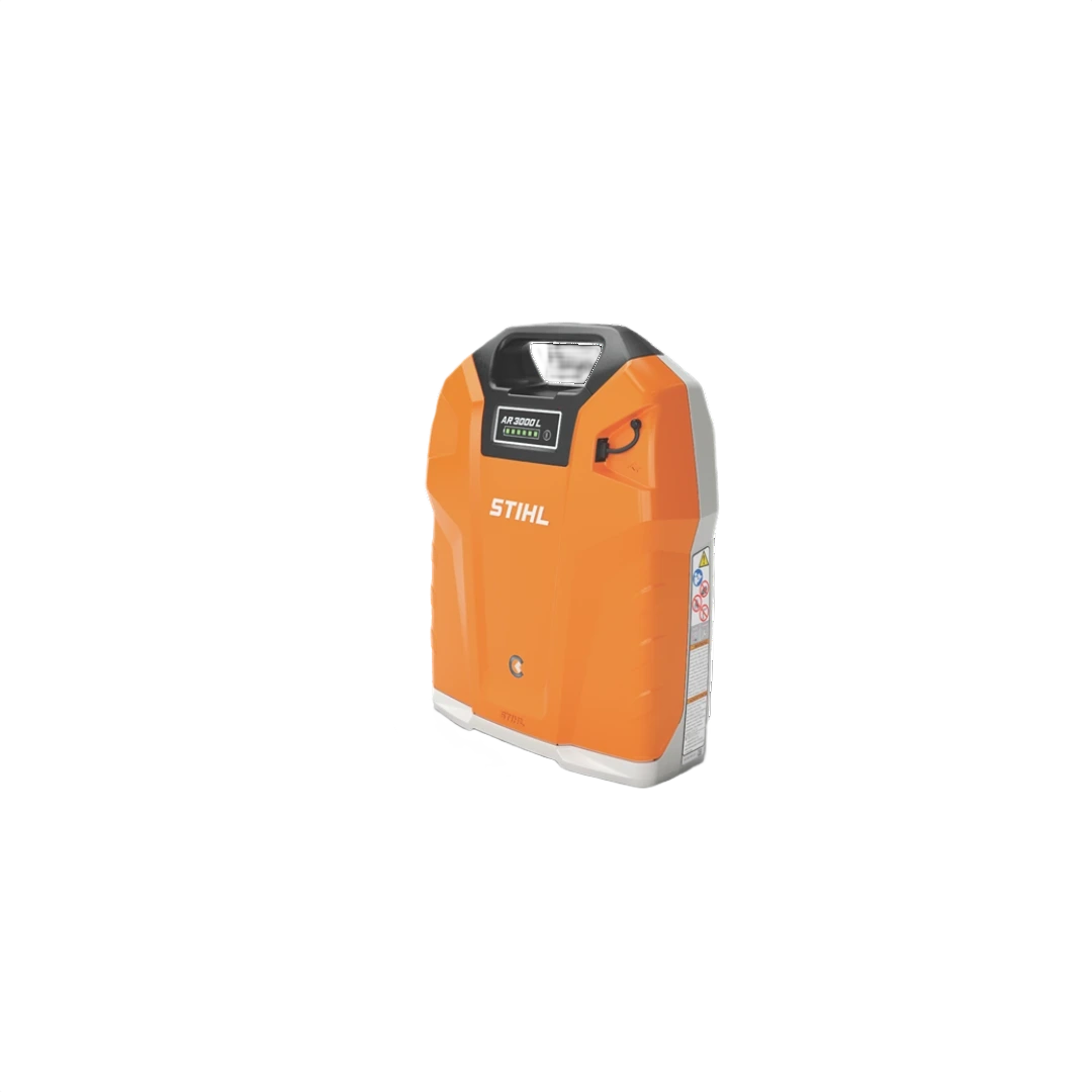 Orange STIHL rechargeable backpack battery pack with digital display and handle for tools and home improvement use