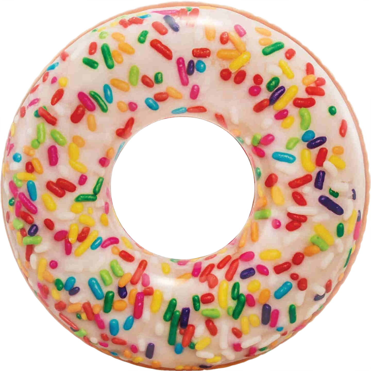 Round inflatable pool float resembling a white donut with multicolored sprinkle pattern designed for water recreation