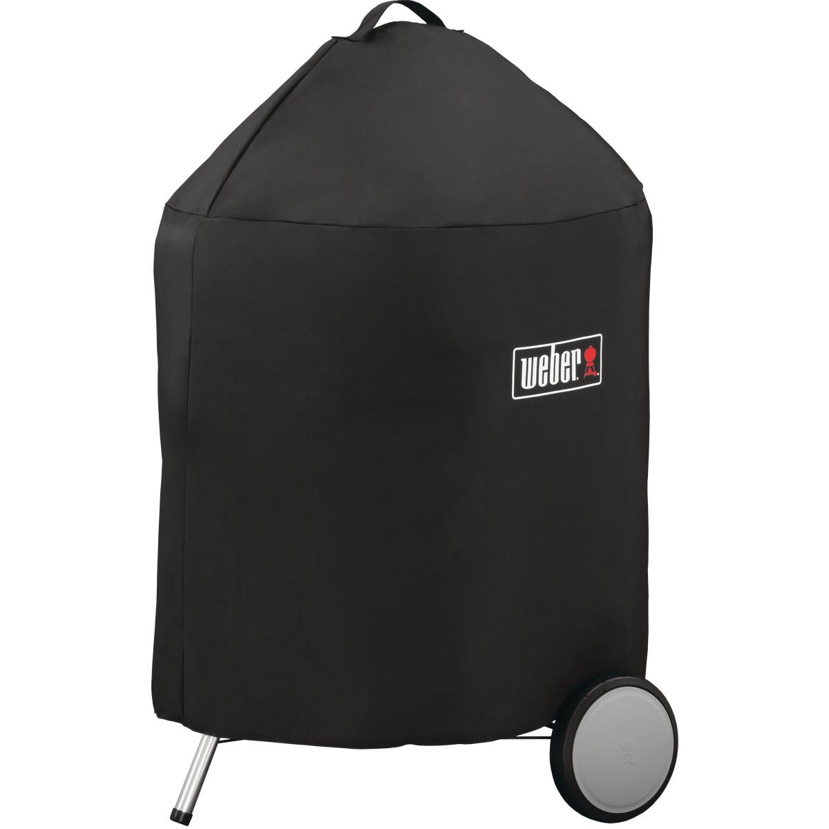 Black polyester grill cover with Weber logo protecting a charcoal grill in outdoor living settings