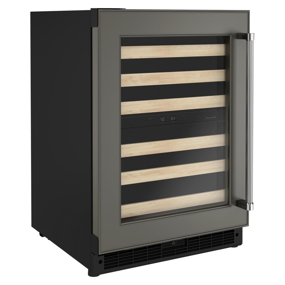 24-inch undercounter wine cellar with two temperature zones, wood-front racks, glass door, and stainless steel handle