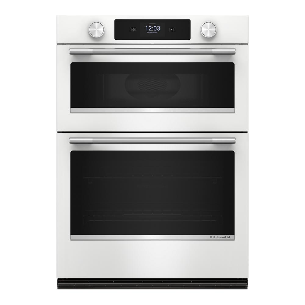 White double electric wall oven with touchscreen display, backlit knobs, and stainless steel handles from Wall Ovens collection