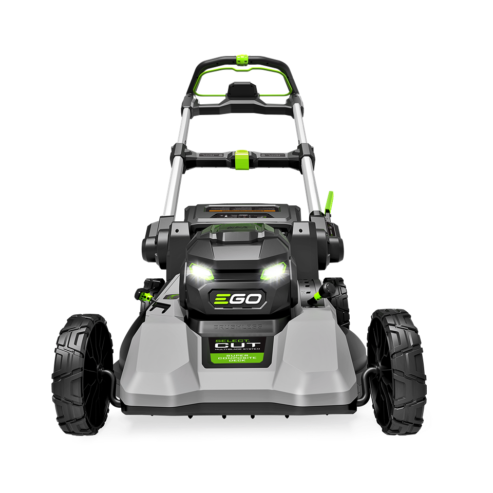 Front view of cordless green and gray lawn mower with 22-inch super composite deck for home improvement tasks