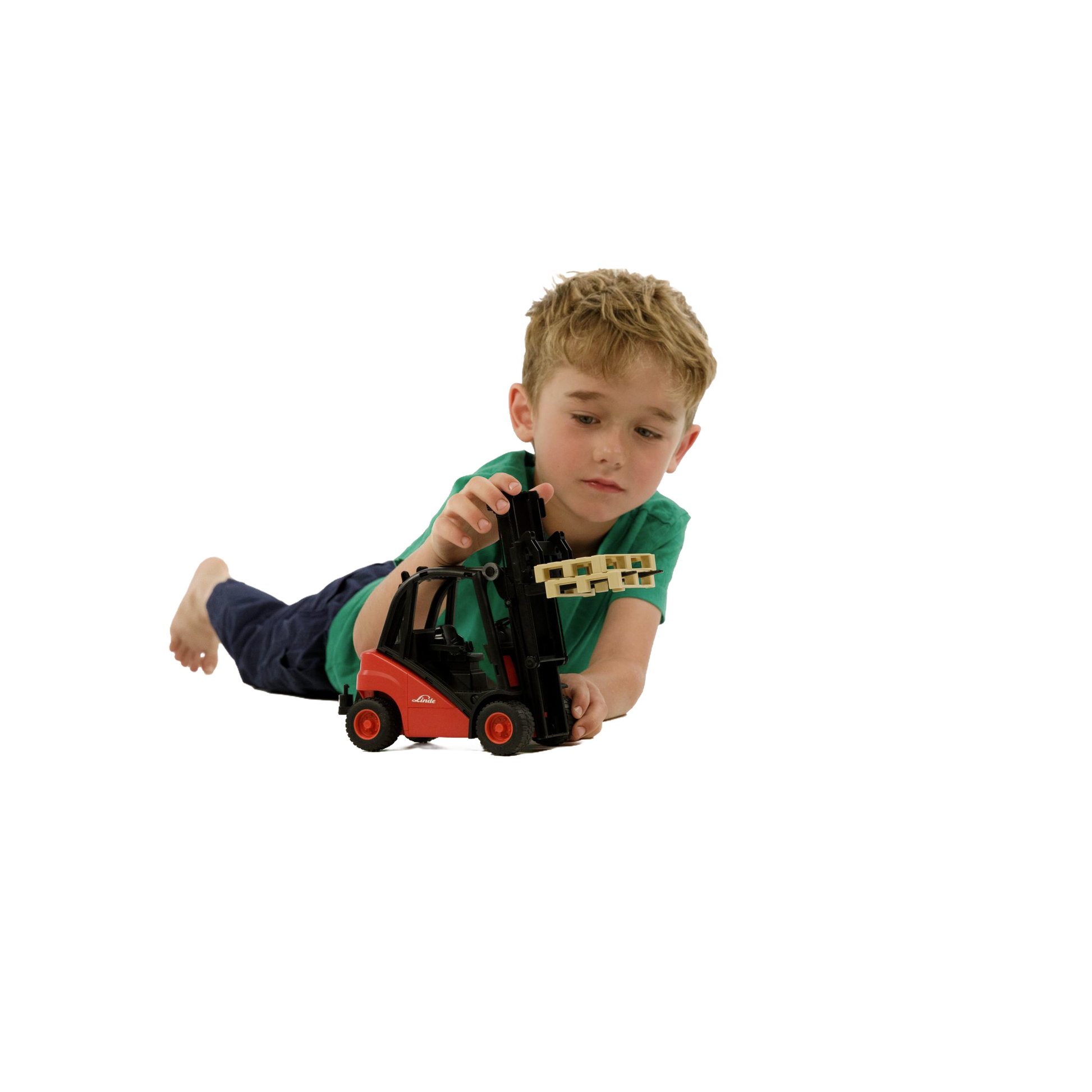 Child playing with red and black Bruder stacker toy lifting a small wooden pallet in Vehicles & Remote Controlled Toys