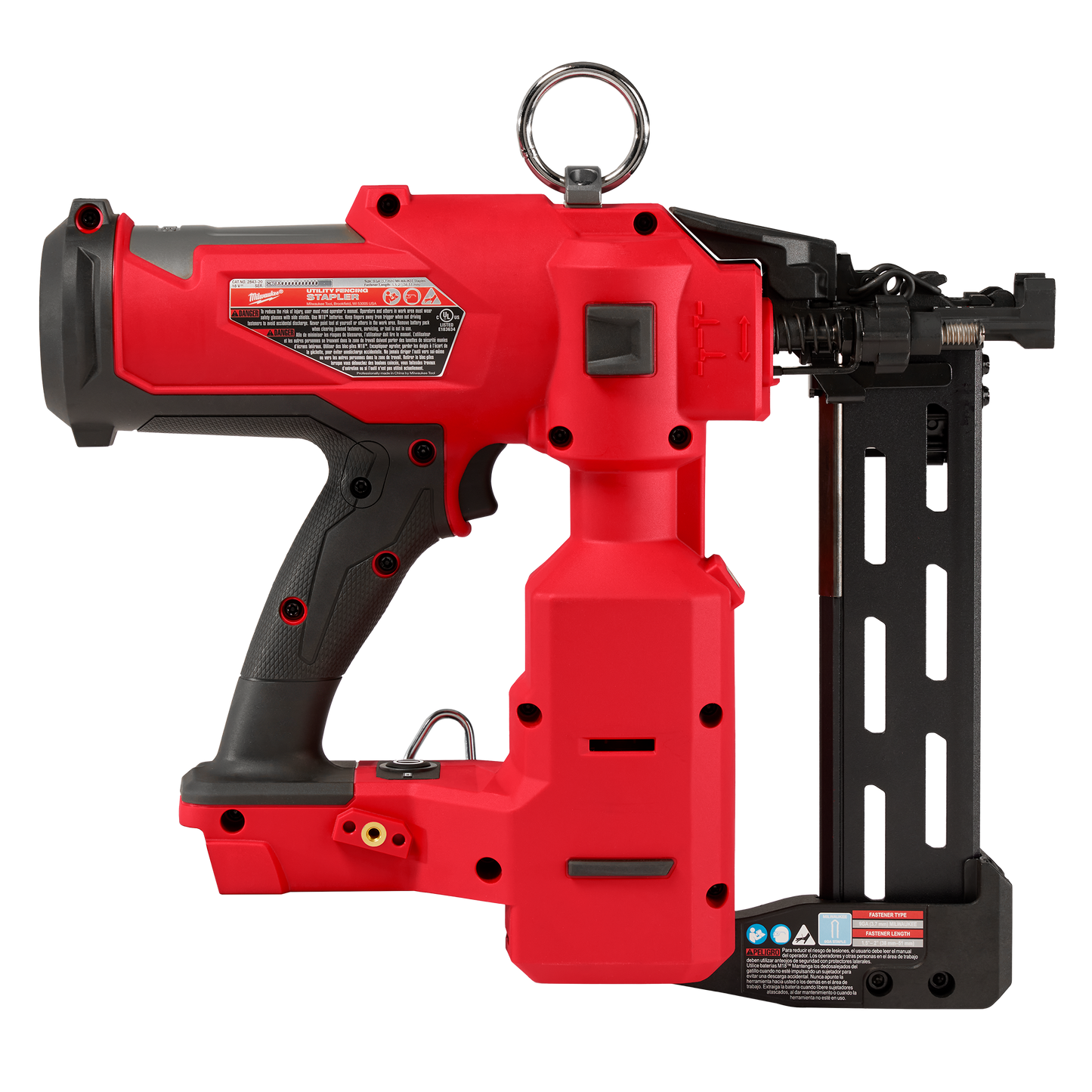 Red cordless utility stapler with ergonomic black grip designed for fencing and home improvement projects
