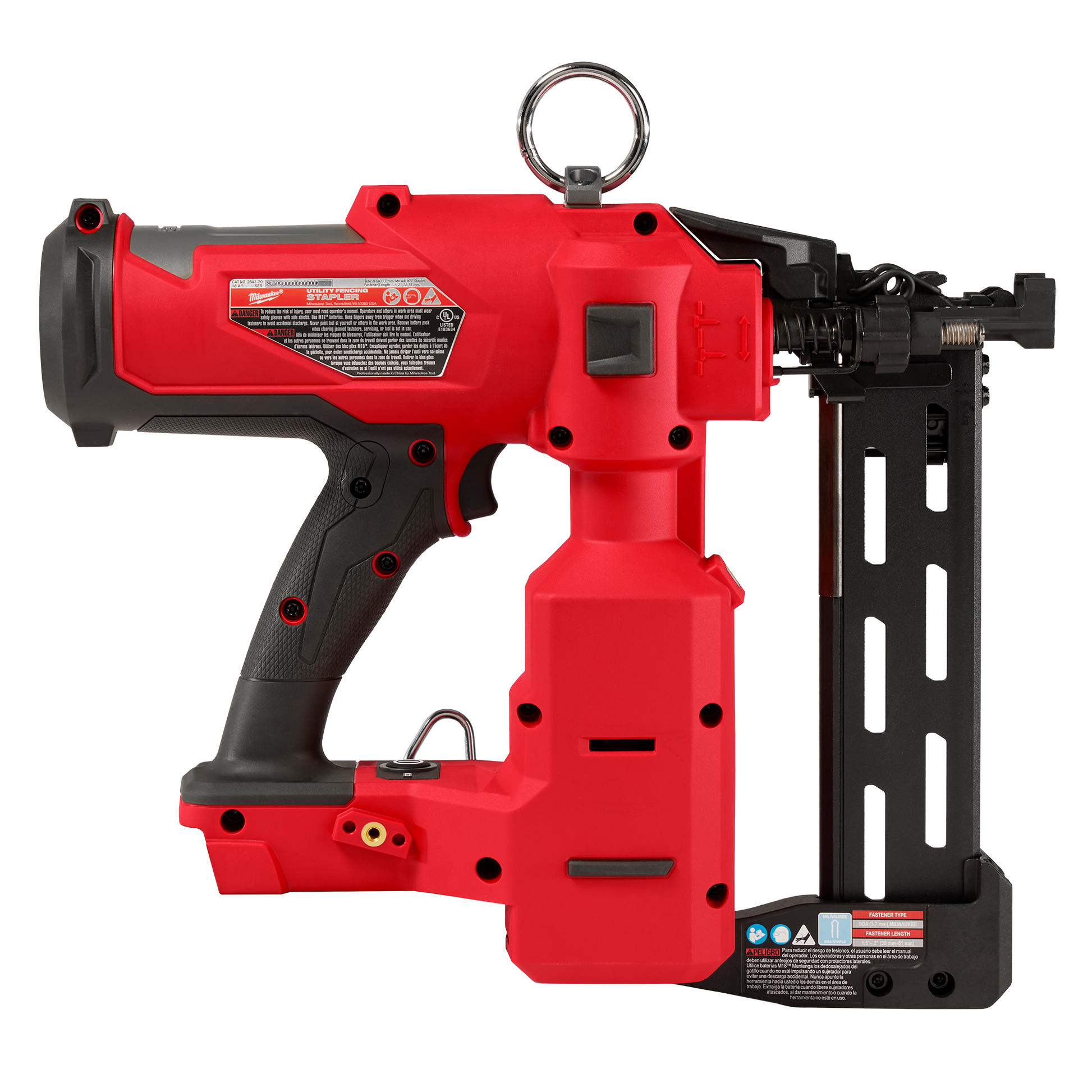 Red cordless utility stapler with ergonomic black grip designed for fencing and home improvement projects