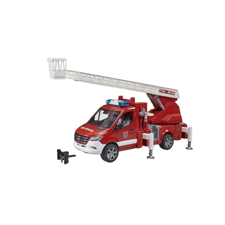Red toy fire truck model with extendable ladder and stabilizing legs for home improvement and play use