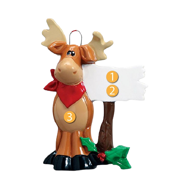 Moose ornament wearing red bandana next to blank wooden sign with holly accent for Christmas decor under $50 collection