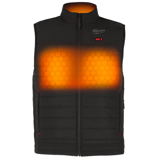 Men’s black heated vest with front heating zones, lightweight, ideal outerwear for men in cold weather from Milwaukee apparel.
