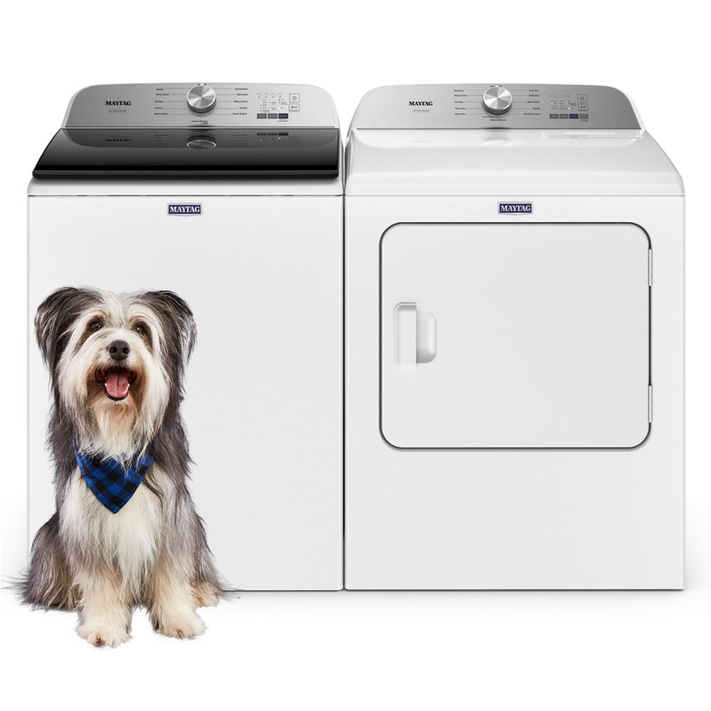 White top load washer and electric dryer set with silver control panels from Washers & Dryers and Appliances collections